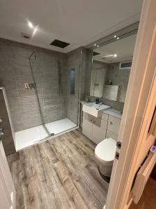 a bathroom with a shower and a toilet and a sink at Luxury Moffat Apartment - High End Furnishing in Moffat