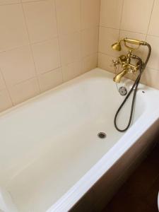 a white bath tub with a gold faucet in a bathroom at Apartamento con encanto (Taüll) DEER 1 in Taüll