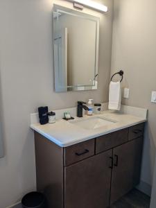a bathroom with a sink and a mirror at Modern State 209 Just Blocks Away From The Bay in Traverse City