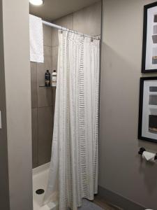 a bathroom with a shower curtain and a tub at Modern Condo 210 Just Blocks from Lake Michigan in Traverse City