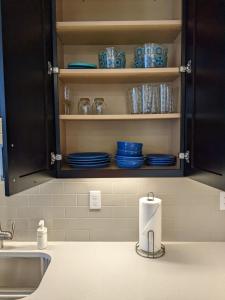 una encimera de cocina con platos azules en un armario en Trendy Downtown Condo-Walk to it ALL Capri 315 en Traverse City