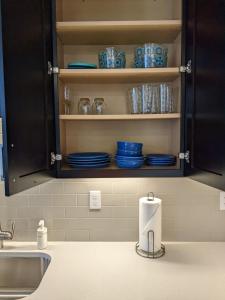 a kitchen counter with blue dishes in a cupboard at Trendy Downtown Condo-Walk to it ALL Capri 315 in Traverse City