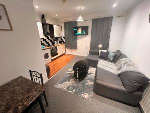 a living room with a gray couch and a kitchen at Stratford London Apartment in London