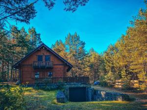 a log cabin in the woods with a garage at DOM w BORACH in Cekcyn