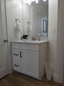 a bathroom with a sink and a mirror at Downtown Traverse City Capri Condo 316 in Traverse City