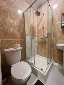 a bathroom with a shower and a toilet and a sink at Stratford London Apartment in London