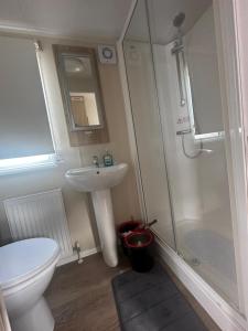 y baño con aseo, lavabo y ducha. en 4 Bed 10 Berth Caravan Seawick Holiday Park, en Saint Osyth