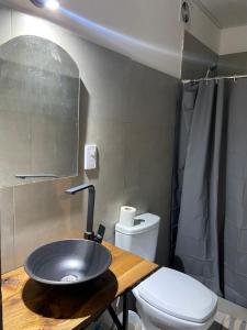 La salle de bains est pourvue d'un lavabo et de toilettes. dans l'établissement Hospedaje El Tucan, à Puerto Iguazú