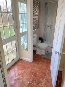 a bathroom with a toilet and a shower and window at Gravesend 1 bedroom Apartment in Gravesend