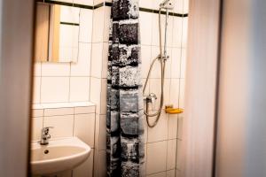 ein Badezimmer mit Waschbecken und Dusche in der Unterkunft heimatbude Loft in Rotenhain + 69 Fotos