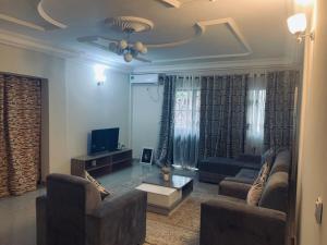 a living room with two couches and a tv at Appartement meublé , Bonamoussadi, Douala-Vanguard's signature Suite in Douala