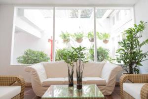 ein Wohnzimmer mit einer weißen Couch und Topfpflanzen in der Unterkunft BLUE HOUSE - Beachfront Luxury House with 8 Bedrooms in Cartagena de Indias