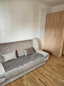 um sofá cinzento numa sala de estar com piso em madeira em BELIV apartman em Stari Banovci