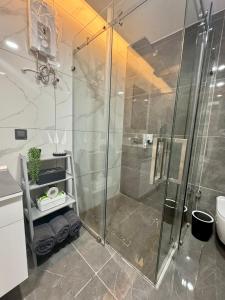 y baño con ducha y puerta de cristal. en Deluxe Studio Apartments at Kass Towers Accra - Upper Floor By VP Properties, en Accra