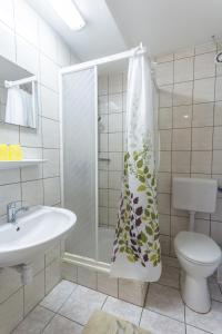 uma casa de banho com um chuveiro, um lavatório e um WC. em Mohacsi Guesthouse em Budapeste