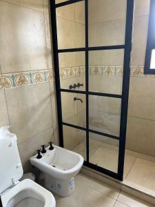 a bathroom with a toilet and a shower and a sink at Casa para 7 con pileta y parrilla in El Durazno