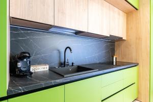 a kitchen with a sink and green cabinets at Studio President 72 in Craiova +9 photos