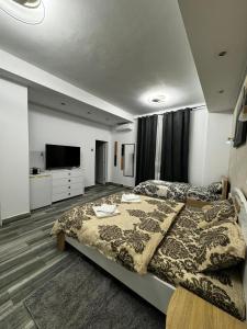 a bedroom with a large bed and a flat screen tv at Pensiunea Old Sheriff in Bistriţa