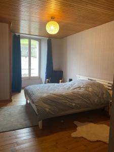 1 dormitorio con cama y ventana en Grand appartement, en Chaudes-Aigues
