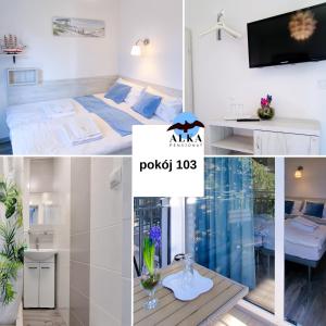 a collage of photos of a room with a bed and a tv at Pensjonat Alka in Kołobrzeg