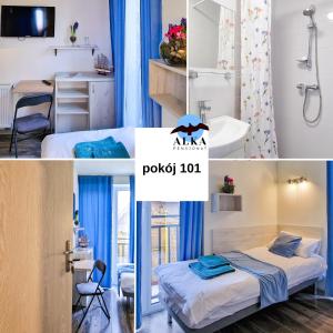 a hotel room with a bed and a bathroom at Pensjonat Alka in Kołobrzeg