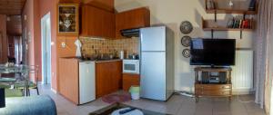 a kitchen with a white refrigerator and a tv at Xristina's sofita in Kozani