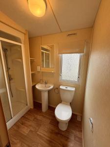 Baño pequeño con aseo y lavamanos en 3 bedroom pet friendly Lyons Winkups Towyn en Abergele