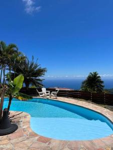 a swimming pool with two chairs and the ocean at Villa Parataito- Le Paradis entre Terre et Mer in Mahina