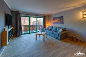 a living room with a couch and a tv at Auszeit-im-Harz Haus 5 Wohnung 23 in Stiege