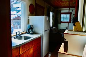 a kitchen with a sink and a refrigerator at Banff Beaver Cabins in Banff