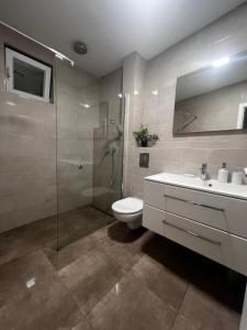 a bathroom with a toilet and a shower and a sink at Apartmani Cvitanovic in Baška Voda