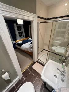 a bathroom with a shower and a toilet and a sink at Field View in Ashfield