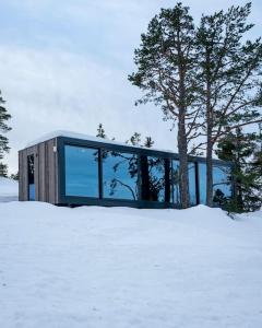 une maison en verre avec un arbre dans la neige dans l'établissement Grend Blefjell, à Svene