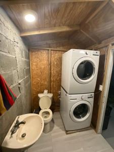 uma pequena casa de banho com uma máquina de lavar roupa e um lavatório em View Haven Villa em Jolly Harbour