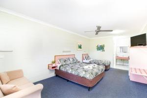 1 dormitorio con 2 camas y sofá en Yungaburra Park Motel, en Yungaburra