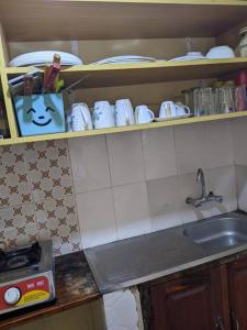 eine Küche mit einer Spüle und einer Theke mit Geschirr in der Unterkunft Cozy House, Quiet Area Kimandolu in Arusha