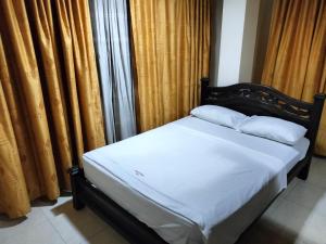 a bed with two pillows in a room with curtains at Merkezi Saray in Villavieja