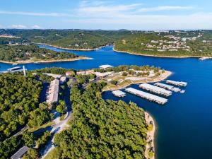 an aerial view of a marina on a lake at Rock Lane Resort & Marina in Branson