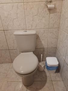 a bathroom with a white toilet in a tiled room at Casa Alto da Falésia in Baía Formosa