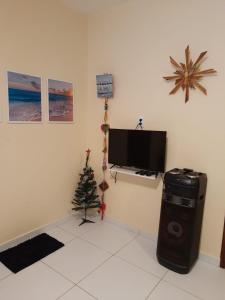 a room with a television and a christmas tree at Casa Alto da Falésia in Baía Formosa