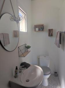 a bathroom with a sink and a toilet and a mirror at Chambres d'hôtes Tontouta Tamoa in Païta