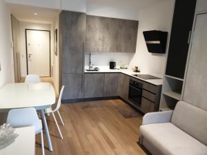 una piccola cucina e un soggiorno con tavolo e sedie di 5 Rent Apartments Lugano Station a Lugano