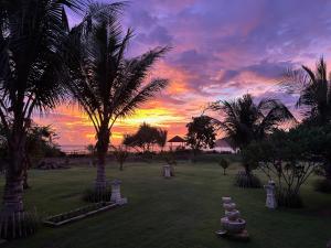 zachód słońca nad polem z palmami w parku w obiekcie Mama Nings Beach Hotel w mieście Sekongkang