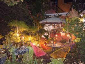 a garden with a table and chairs and lights at Calm hostel in Antigua Guatemala