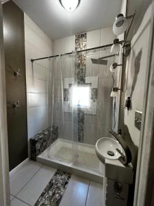 a bathroom with a shower and a sink at Renovated,Comfortable and Convenient Experience in Rocky Mount