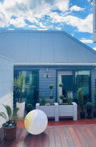 una casa blu con un edificio bianco con piante in vaso di Delightful little house ad Auckland