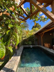 a swimming pool in a garden with a wooden pergola at Tropical 3-bedrooms Coastal Residence Creolia2 in Pointe aux Cannoniers