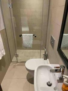 a bathroom with a toilet and a sink and a shower at Three bedroom apartment in Saadiyat district in Abu Dhabi