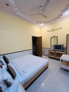 a bedroom with a large bed and a tv at Hotel Payal Jaisalmer in Jaisalmer