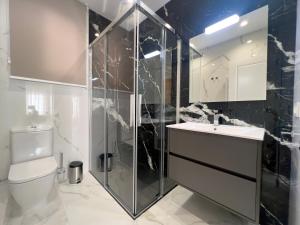 La salle de bains est pourvue d'une douche, d'un lavabo et de toilettes. dans l'établissement Varillas Luxury Home I y II, à León